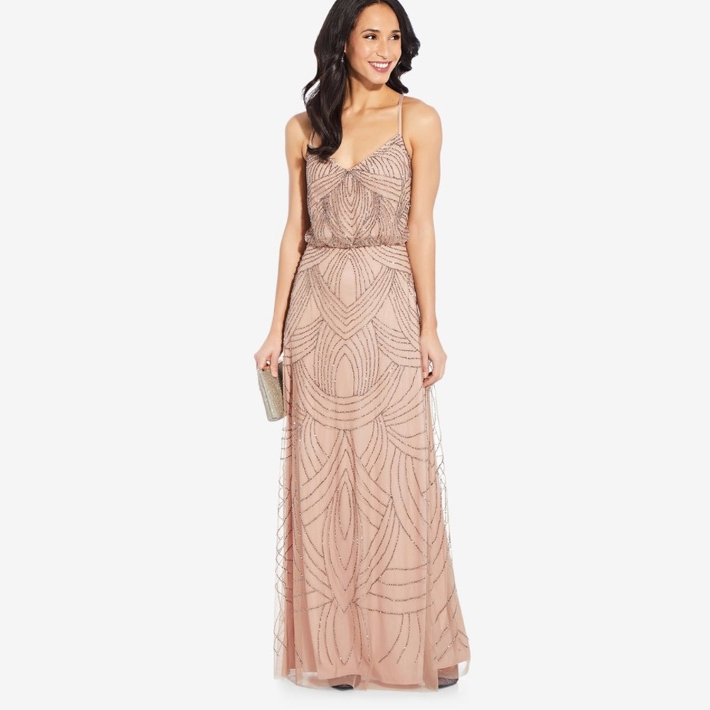 Adrianna Papell Beaded Blouson Gown in Taupe Pink
